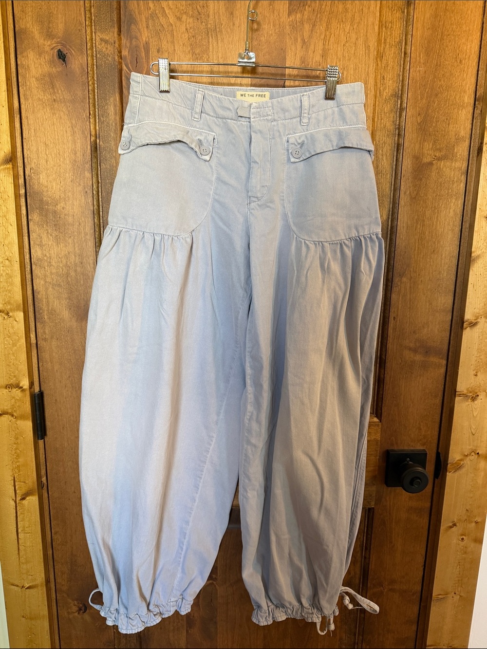 We The Free Pale Blue Balloon Cargo Pants with Gathered Hems